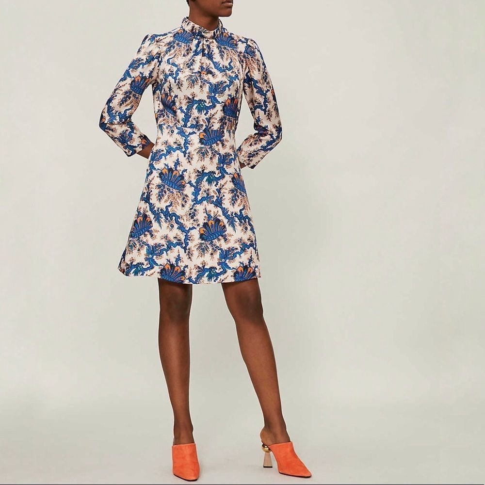 SANDRO Blue High-neck Printed Silk Mini Dress